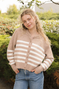Mabel Striped Short Cardigan in Light Brown/Ivory