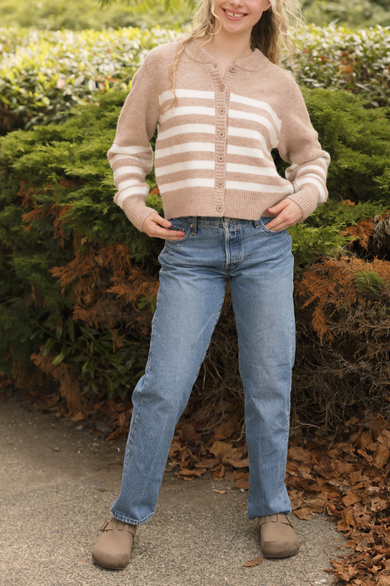 Mabel Striped Short Cardigan in Light Brown/Ivory