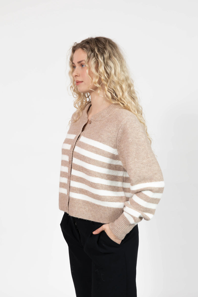 Mabel Striped Short Cardigan in Light Brown/Ivory