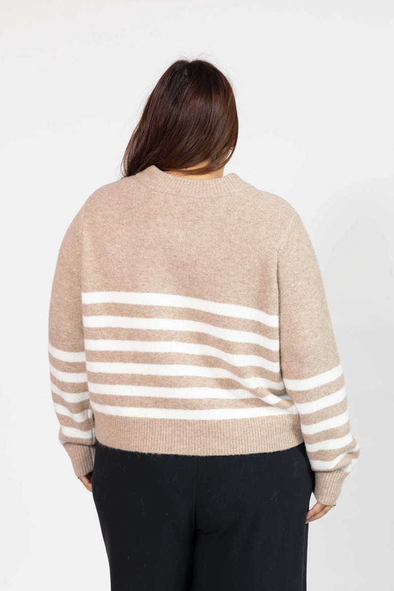 Mabel Striped Short Cardigan in Light Brown/Ivory