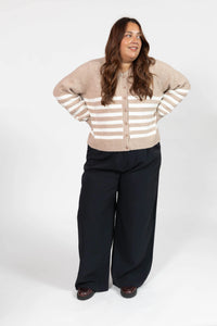 Mabel Striped Short Cardigan in Light Brown/Ivory