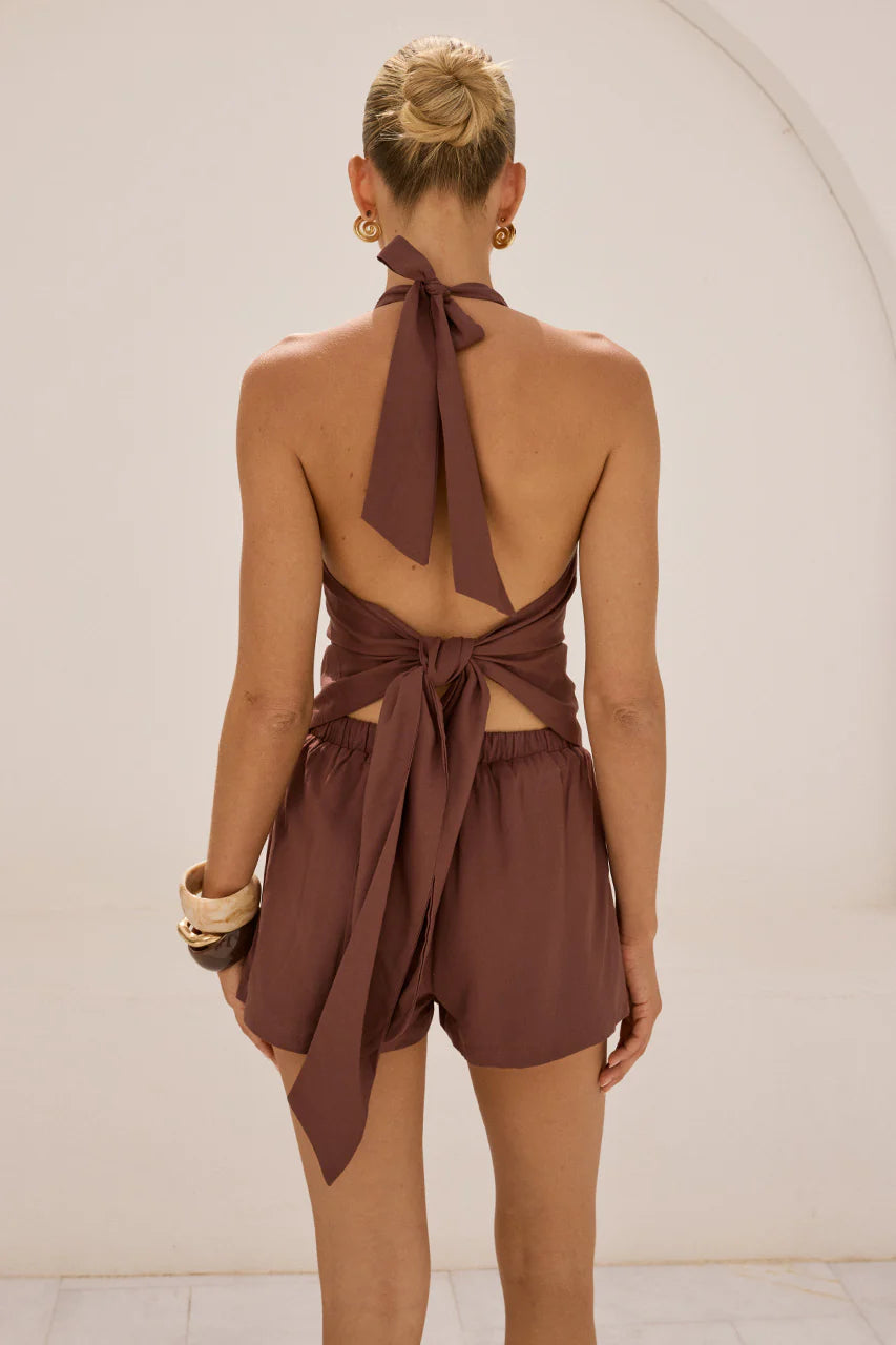 Mila Tie Back Halter Top in Chocolate