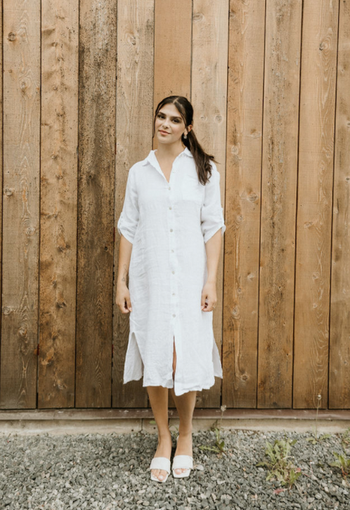Maxi Linen button down Dress In White