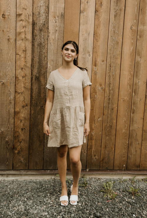 Short Sleeve Patch Pocket Dress In Camel