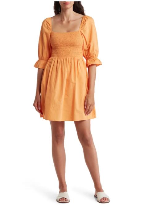 Selina Poplin Smocked Bodice Dress In Tangerine