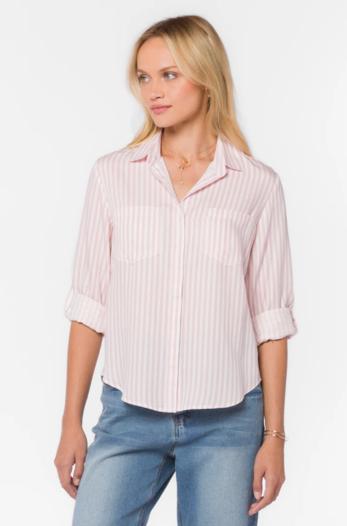 Riley Stripe Button Down In White/Pink