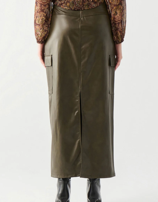 Vegan Leather Cargo Skirt in Khaki Green