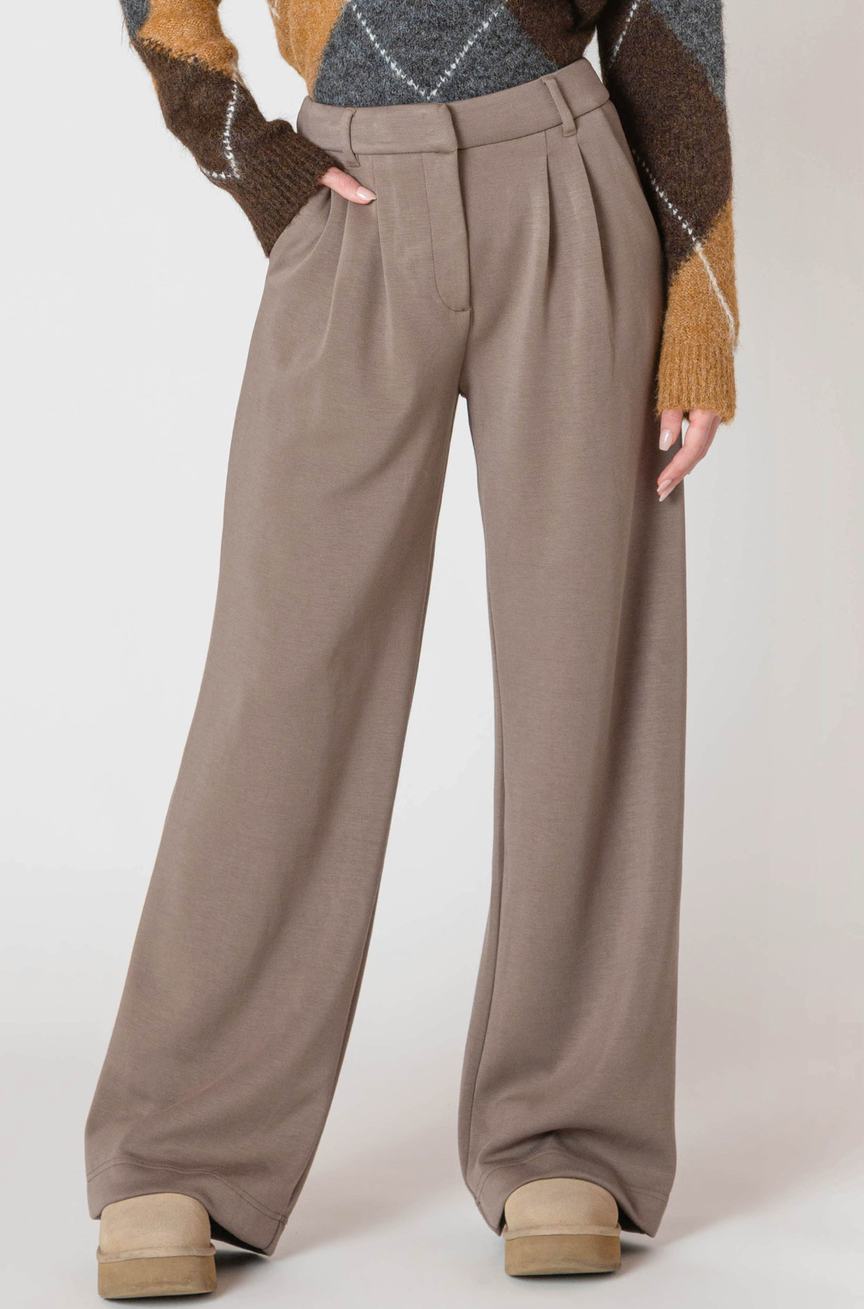 Wide Leg Knit Trouser | Dark Taupe