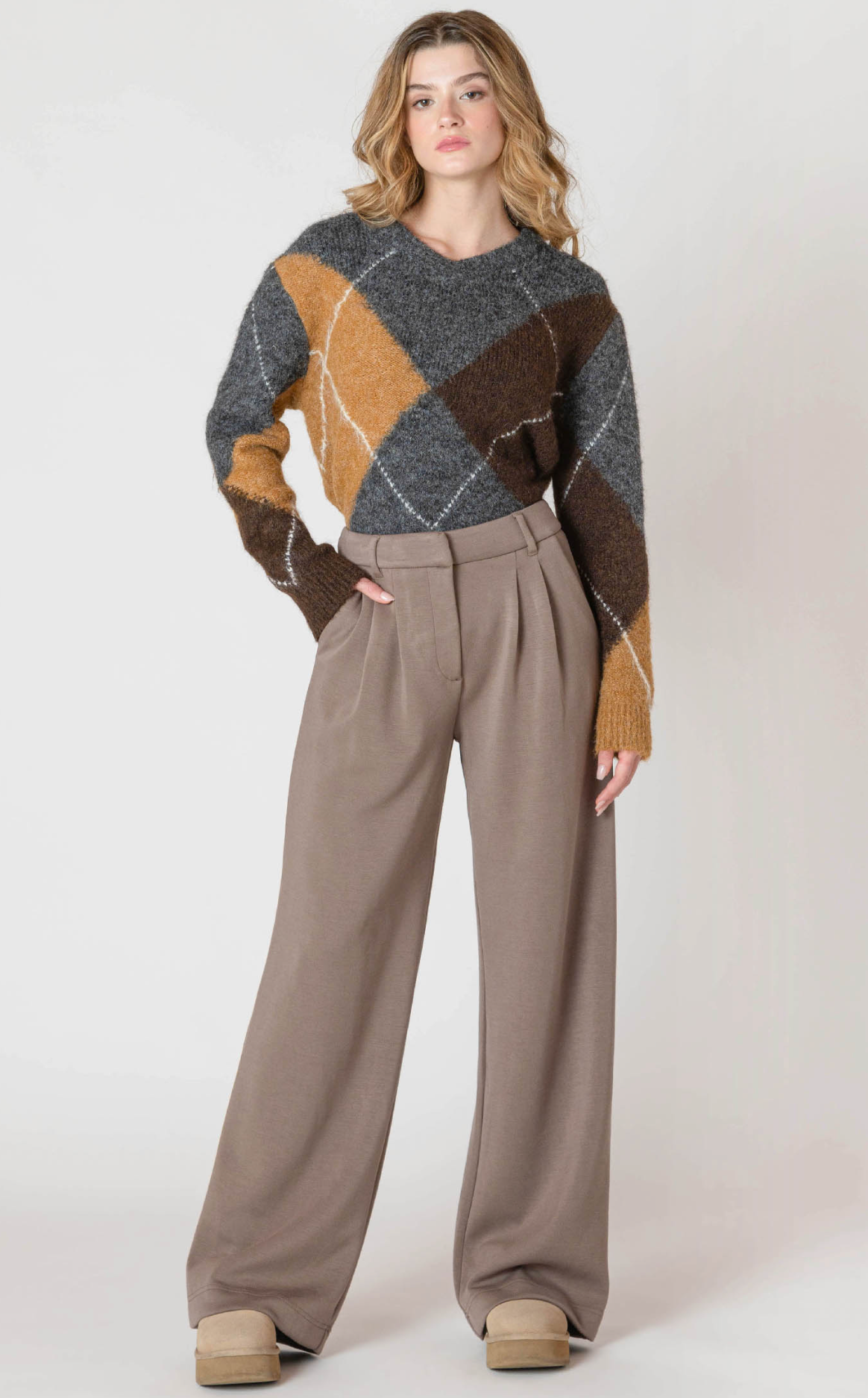 Wide Leg Knit Trouser | Dark Taupe