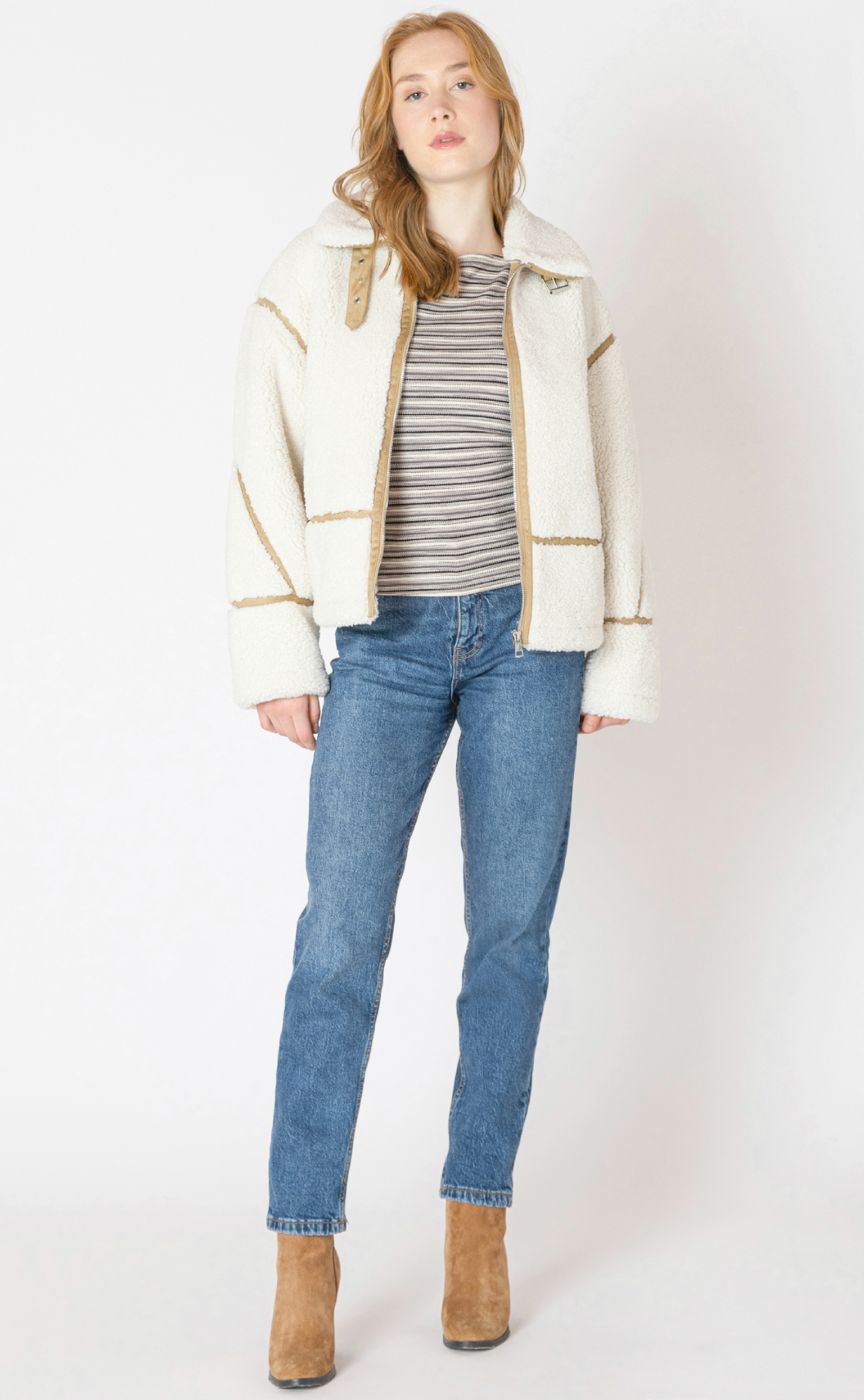 Contrast Detail Fleece Jacket | Ecru / Camel