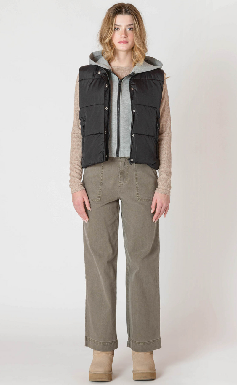 Short Puffer Vest | Black with Grey Hood