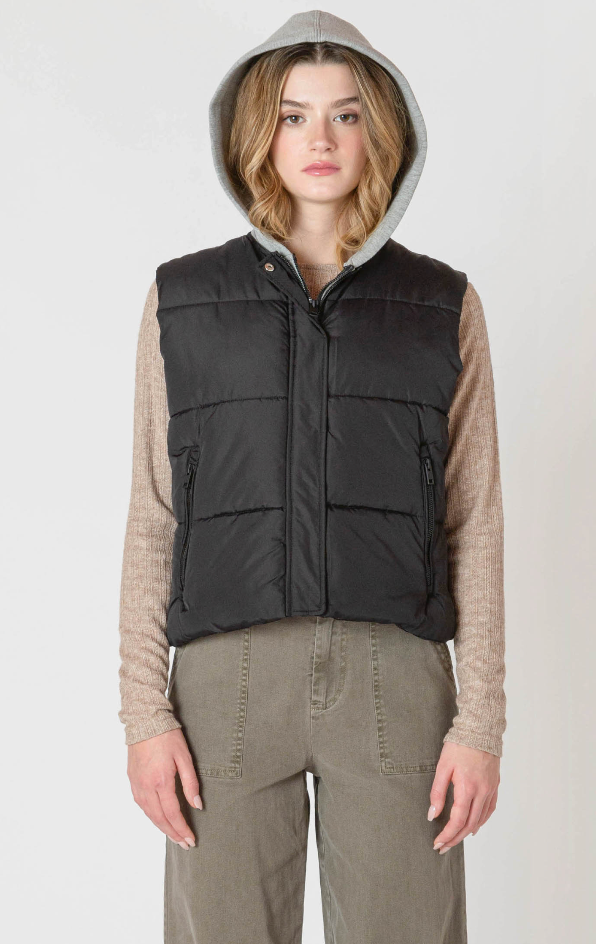 Short Puffer Vest | Black with Grey Hood