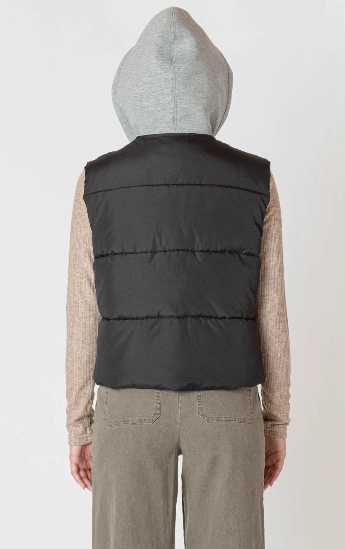 Short Puffer Vest | Black with Grey Hood
