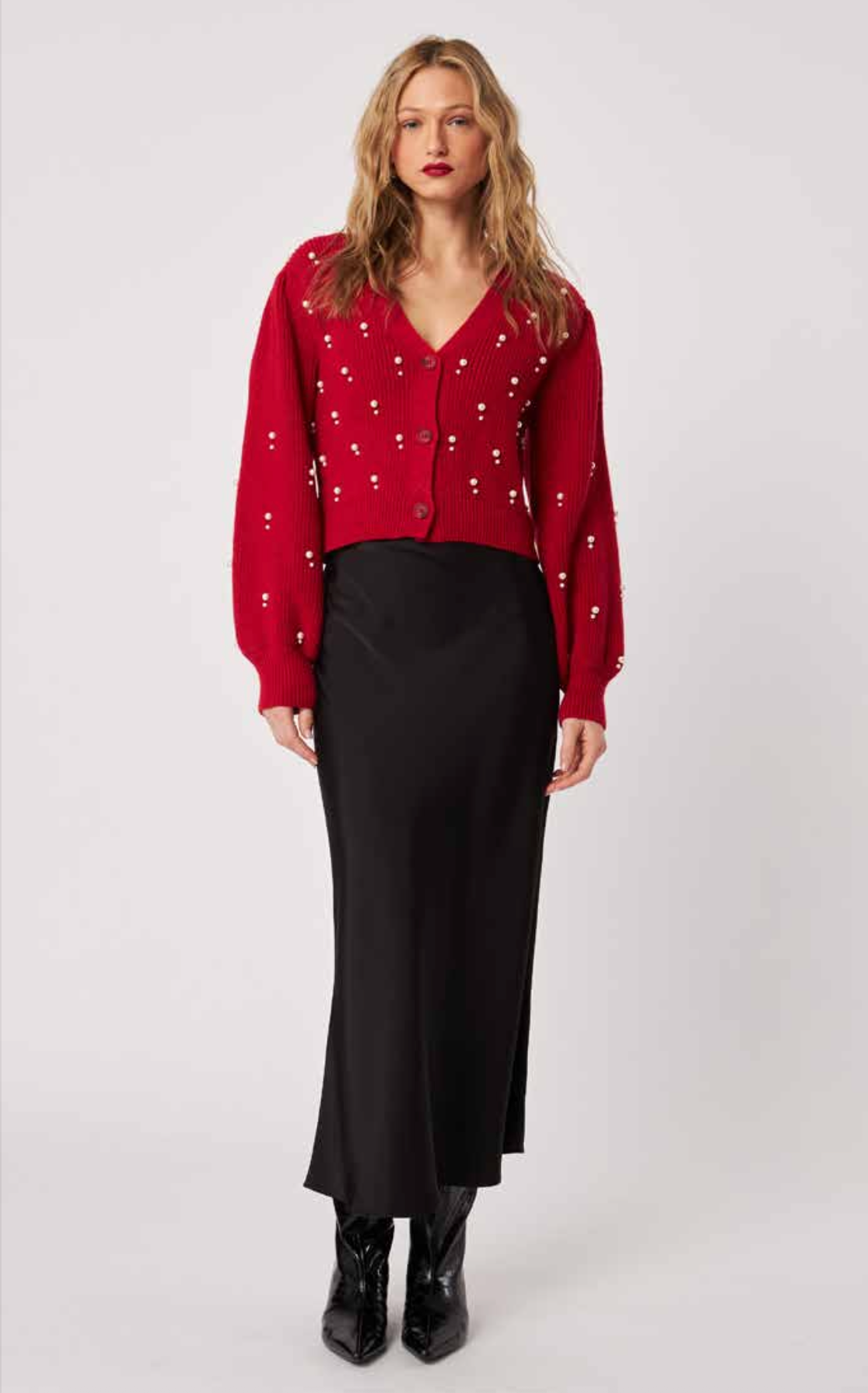 Bowen Pearl Cardigan in Poinsettia