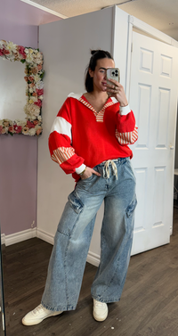 French Terry Knit Color-Block Collared Loose Fit Top