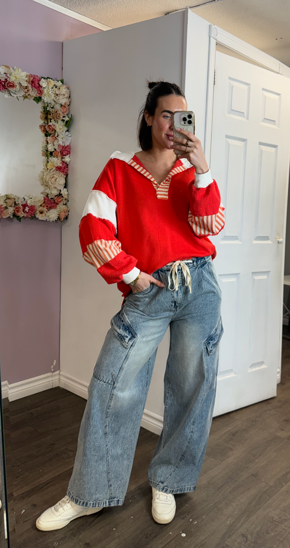 French Terry Knit Color-Block Collared Loose Fit Top