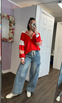 French Terry Knit Color-Block Collared Loose Fit Top
