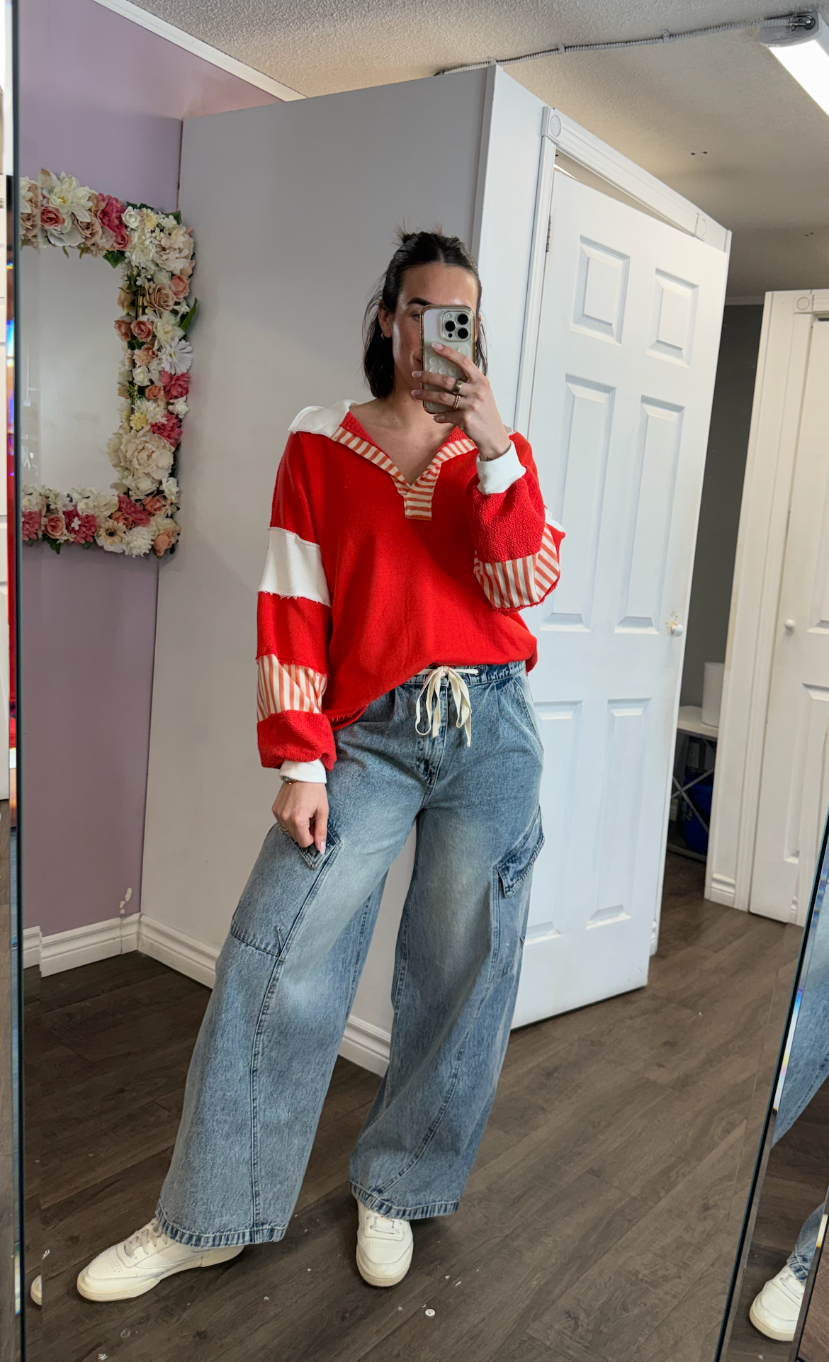 French Terry Knit Color-Block Collared Loose Fit Top