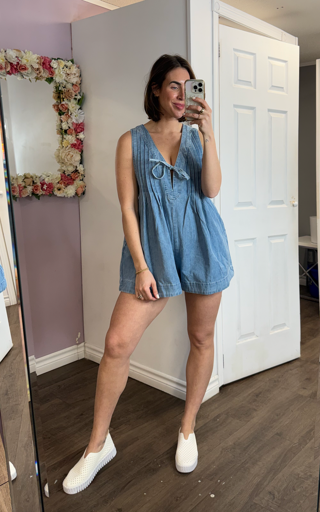 Front Pleated V-Neck Denim Romper | Washed Denim