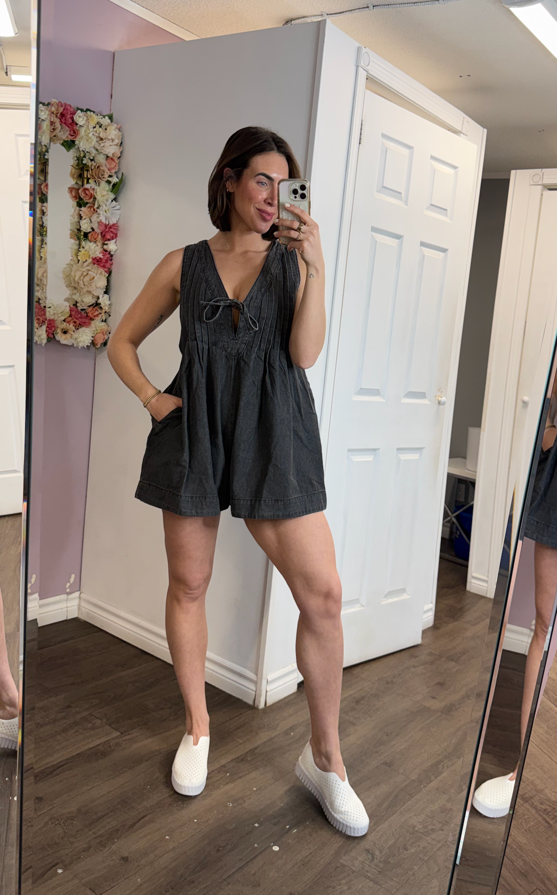 Front Pleated V-Neck Denim Romper | Washed Black