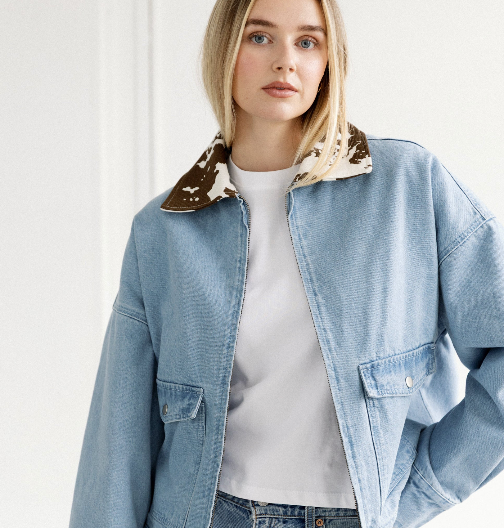 Boxy Denim Cow Collared Jacket