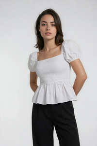 Sera Cotton Poplin Puff Sleeve Peplum Blouse | White