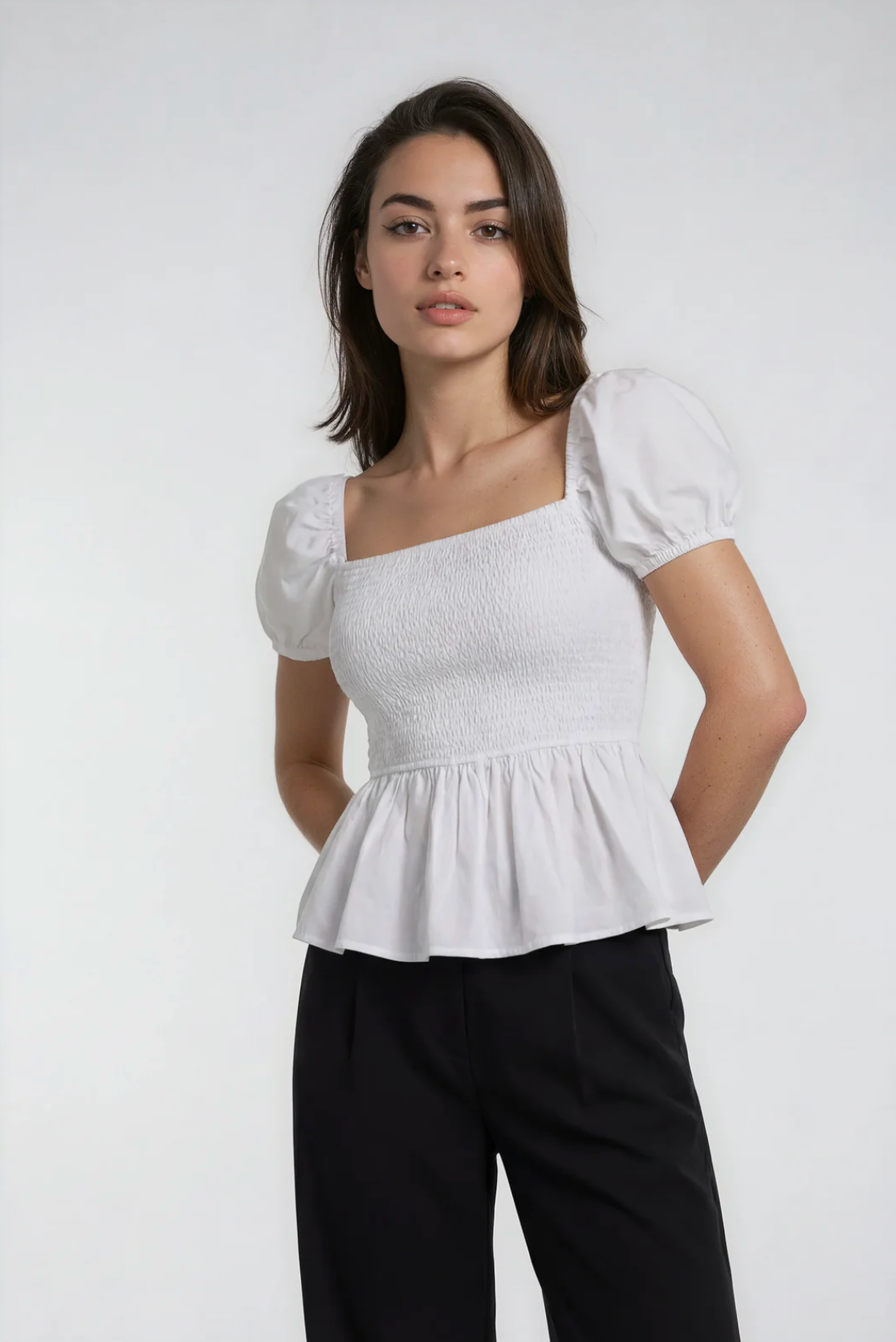 Sera Cotton Poplin Puff Sleeve Peplum Blouse | White