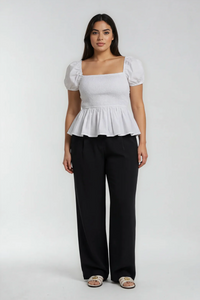 Sera Cotton Poplin Puff Sleeve Peplum Blouse | White