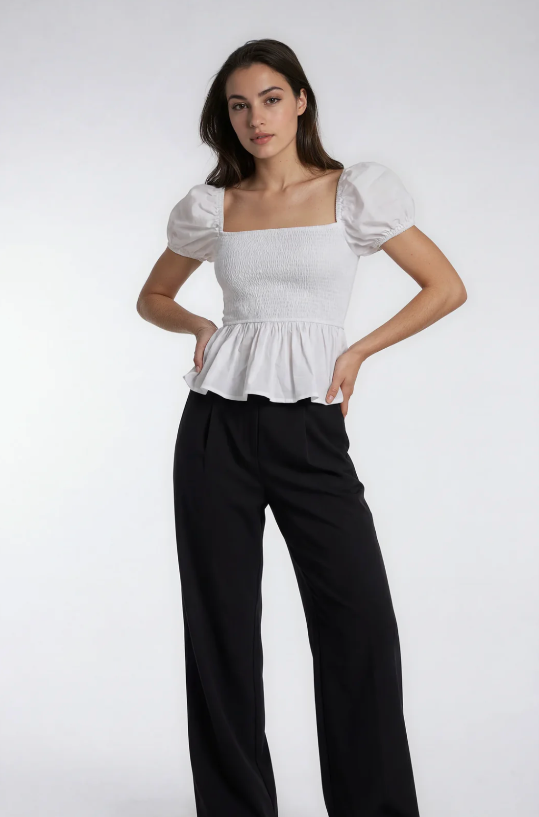 Sera Cotton Poplin Puff Sleeve Peplum Blouse | White