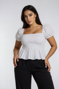 Sera Cotton Poplin Puff Sleeve Peplum Blouse | White