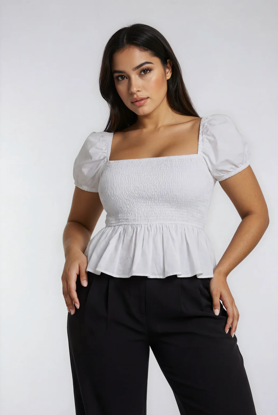 Sera Cotton Poplin Puff Sleeve Peplum Blouse | White
