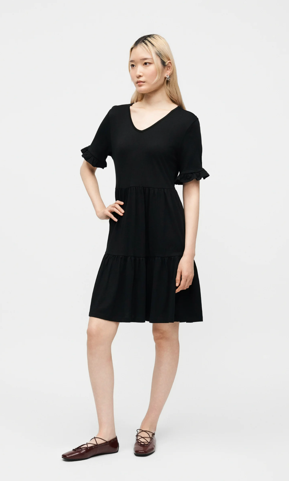 ONLBLOOM S/S V-NECK FRILL DRESS | Black