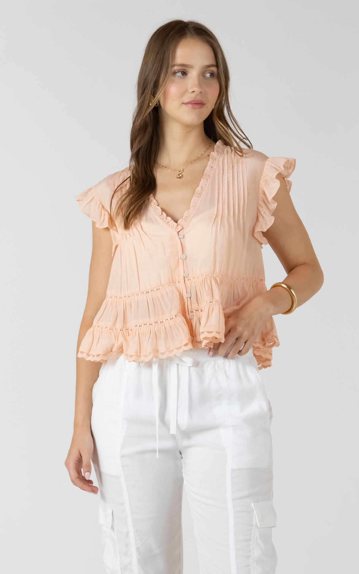 Lace Trim Soft Peplum Blouse | Peach Fizz