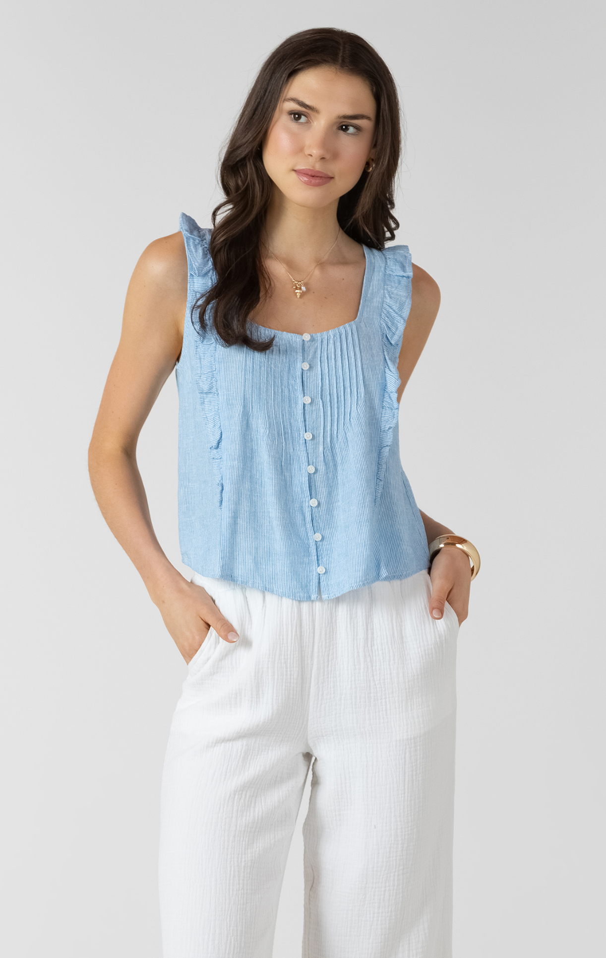 Pintuck Ruffle Detail Tank | Mini Blue Pinstripe