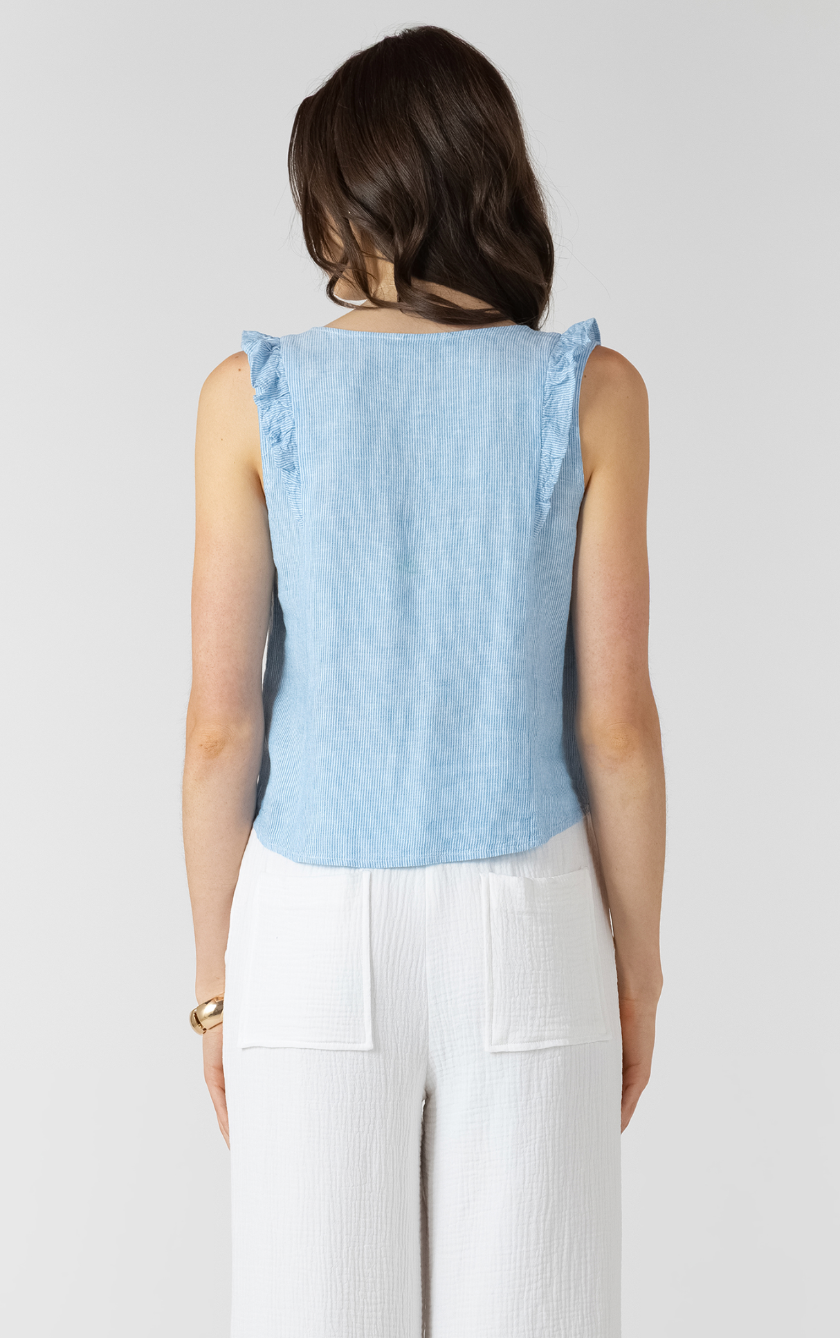 Pintuck Ruffle Detail Tank | Mini Blue Pinstripe