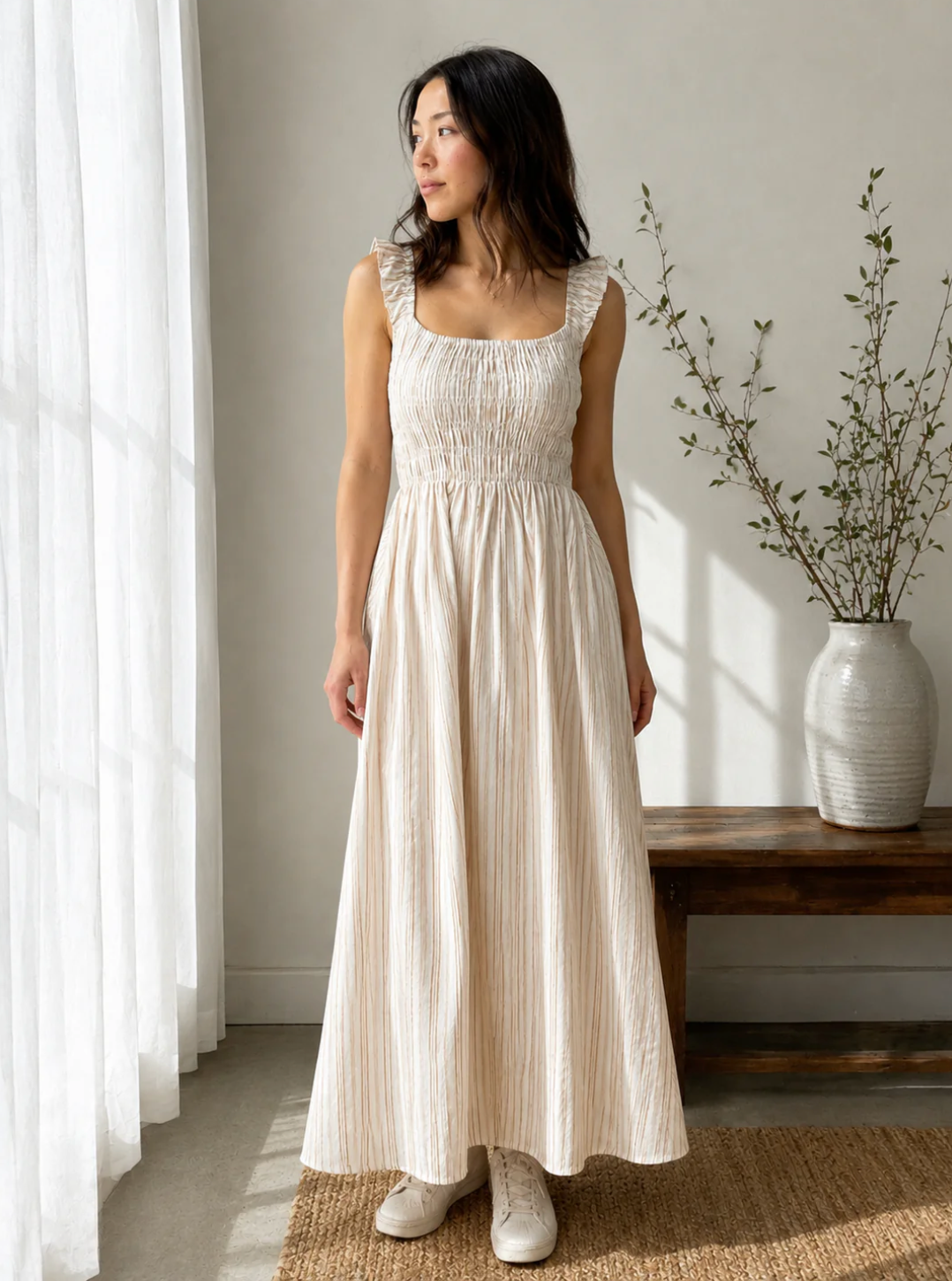 Liora Ruched Striped Empire Cap Sleeve Midi