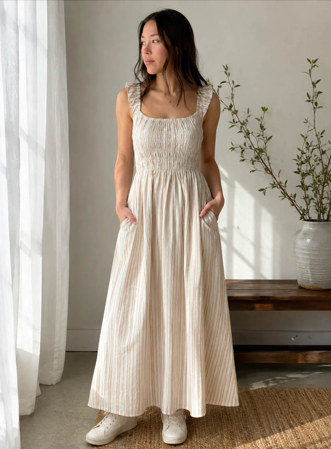 Liora Ruched Striped Empire Cap Sleeve Midi