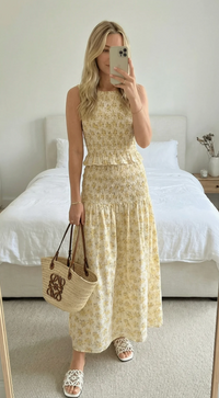Pimisi Ruched Cotton Poplin Skirt Set | Yellow Floral