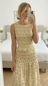 Pimisi Ruched Cotton Poplin Skirt Set | Yellow Floral