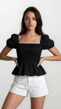 Sera Cotton Poplin Puff Sleeve Peplum Blouse | Black