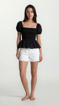 Sera Cotton Poplin Puff Sleeve Peplum Blouse | Black