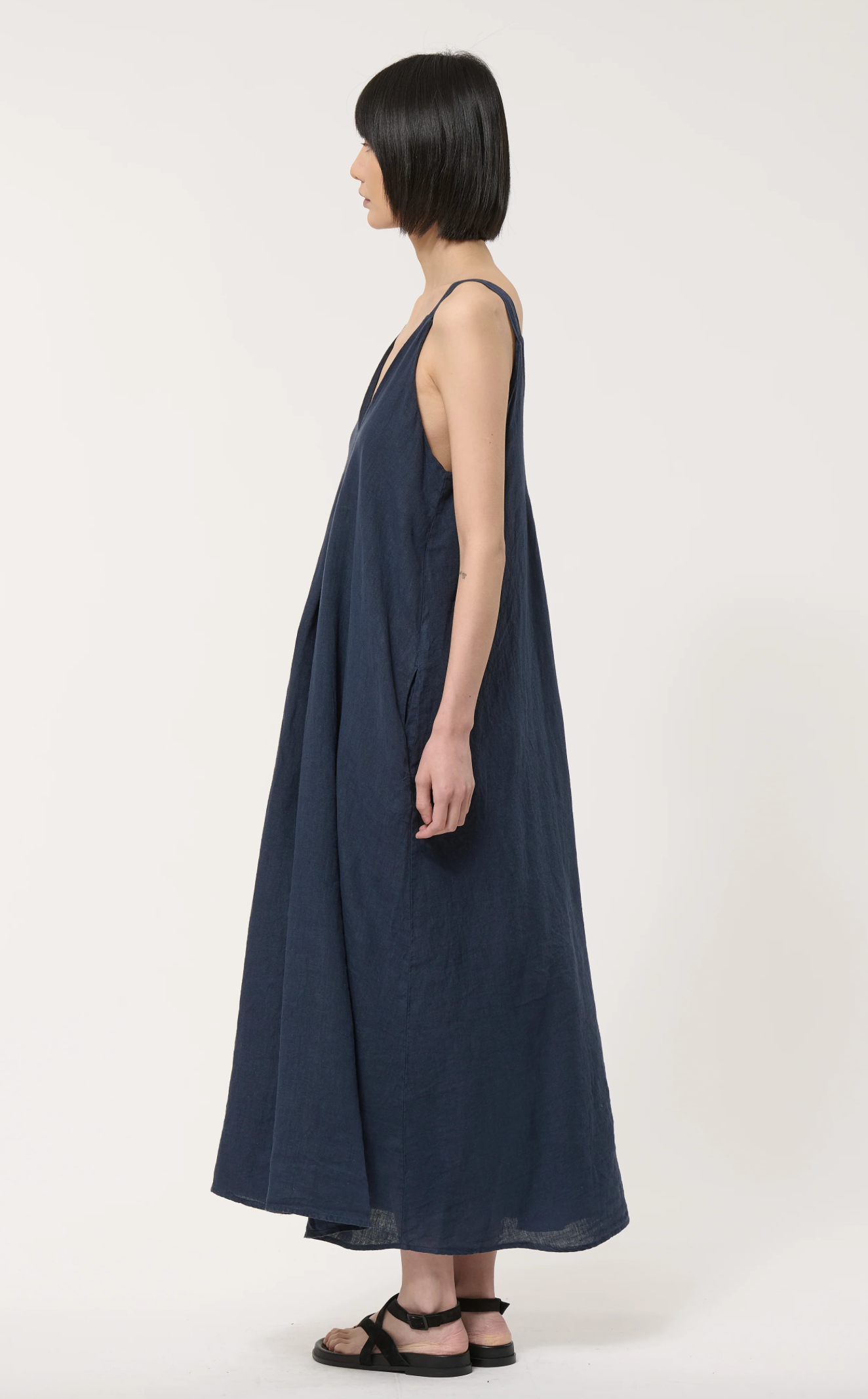 Blue Long Linen Dress With Straps