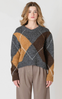 Neutral Argyle V-Neck Sweater