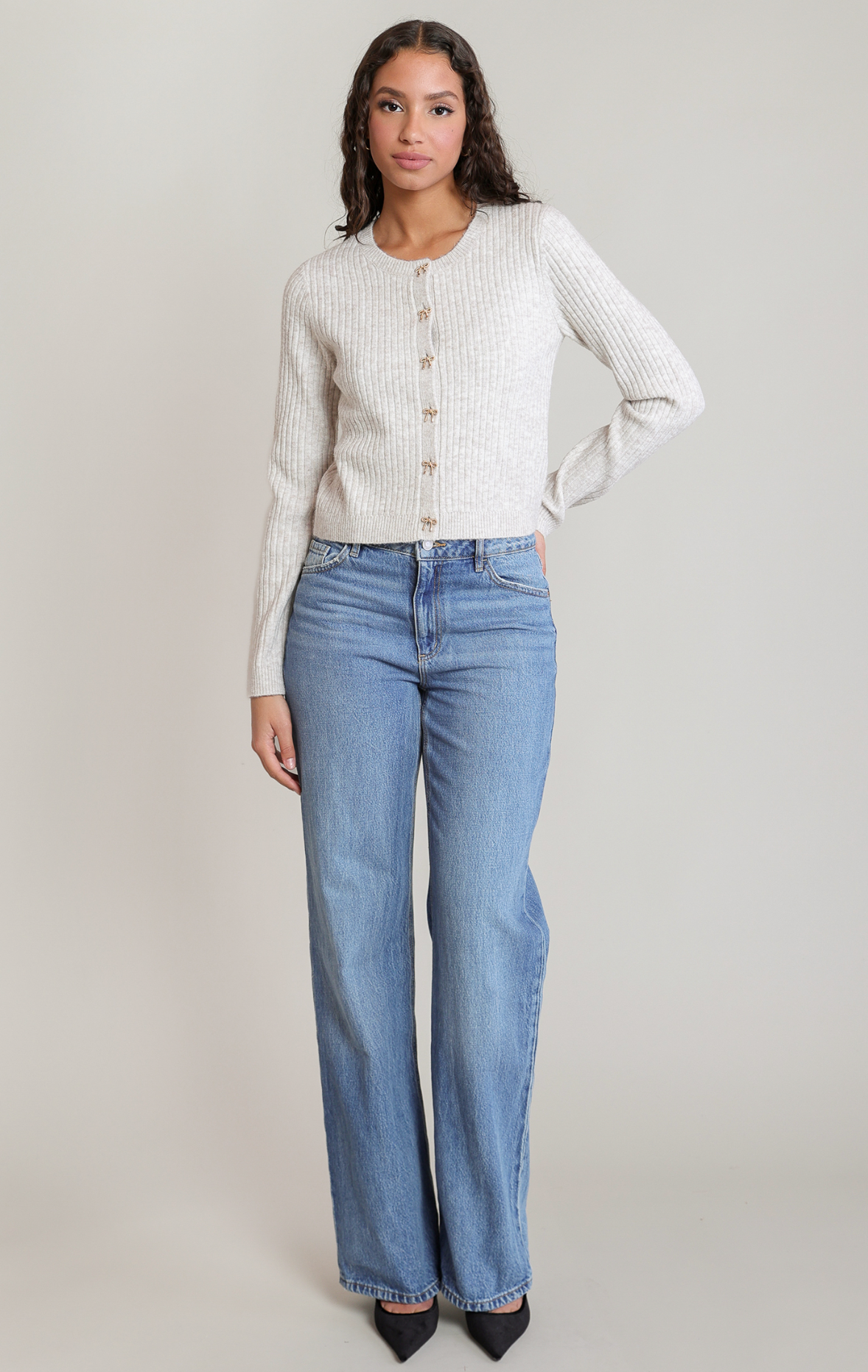Bow Button Cropped Cardigan