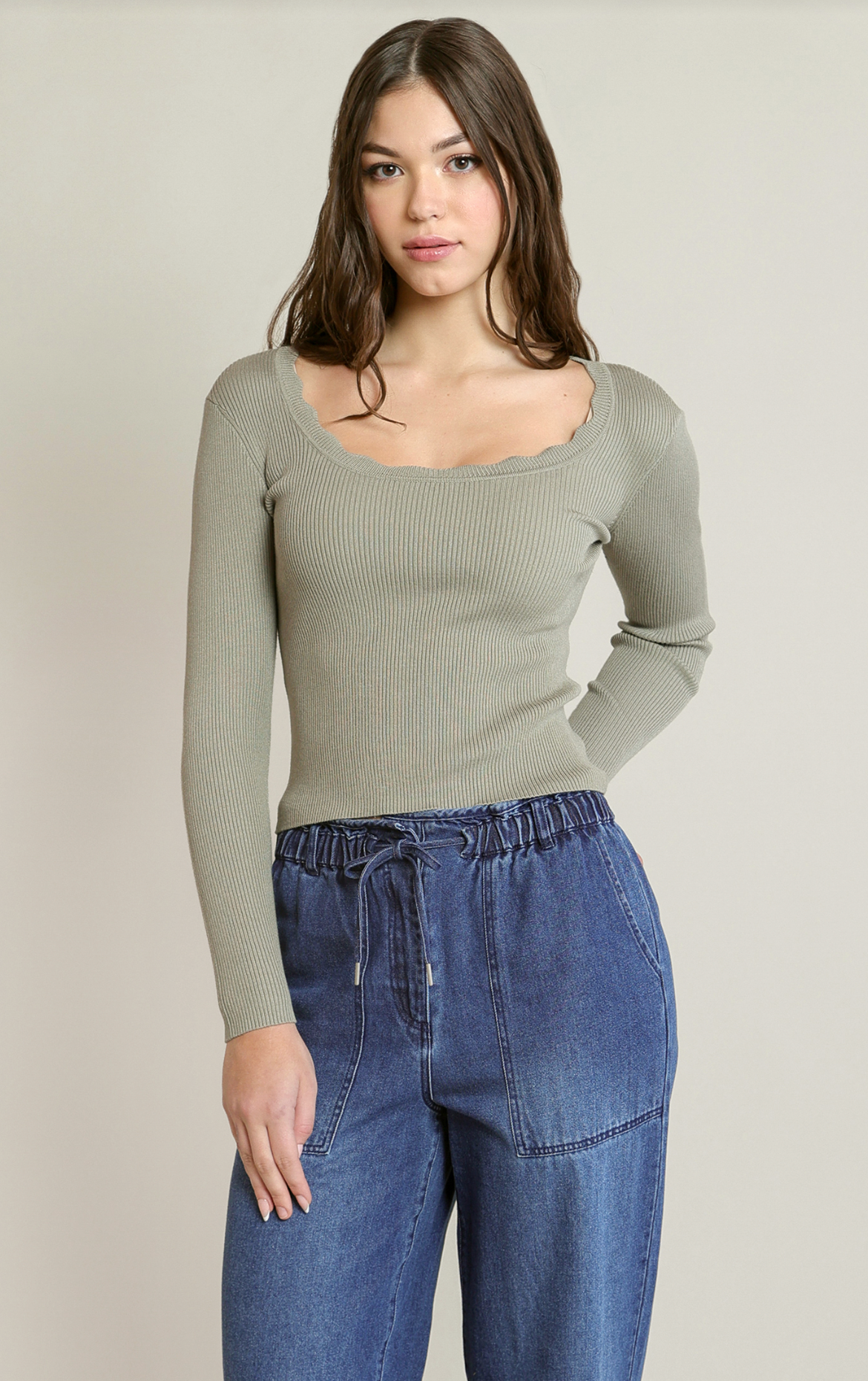 Scallop Neckline Sweater Top | Sage