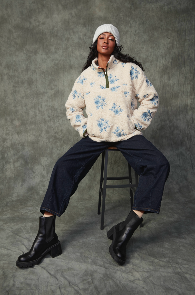 Poppy Sherpa 1/2 Zip in Cream Floral