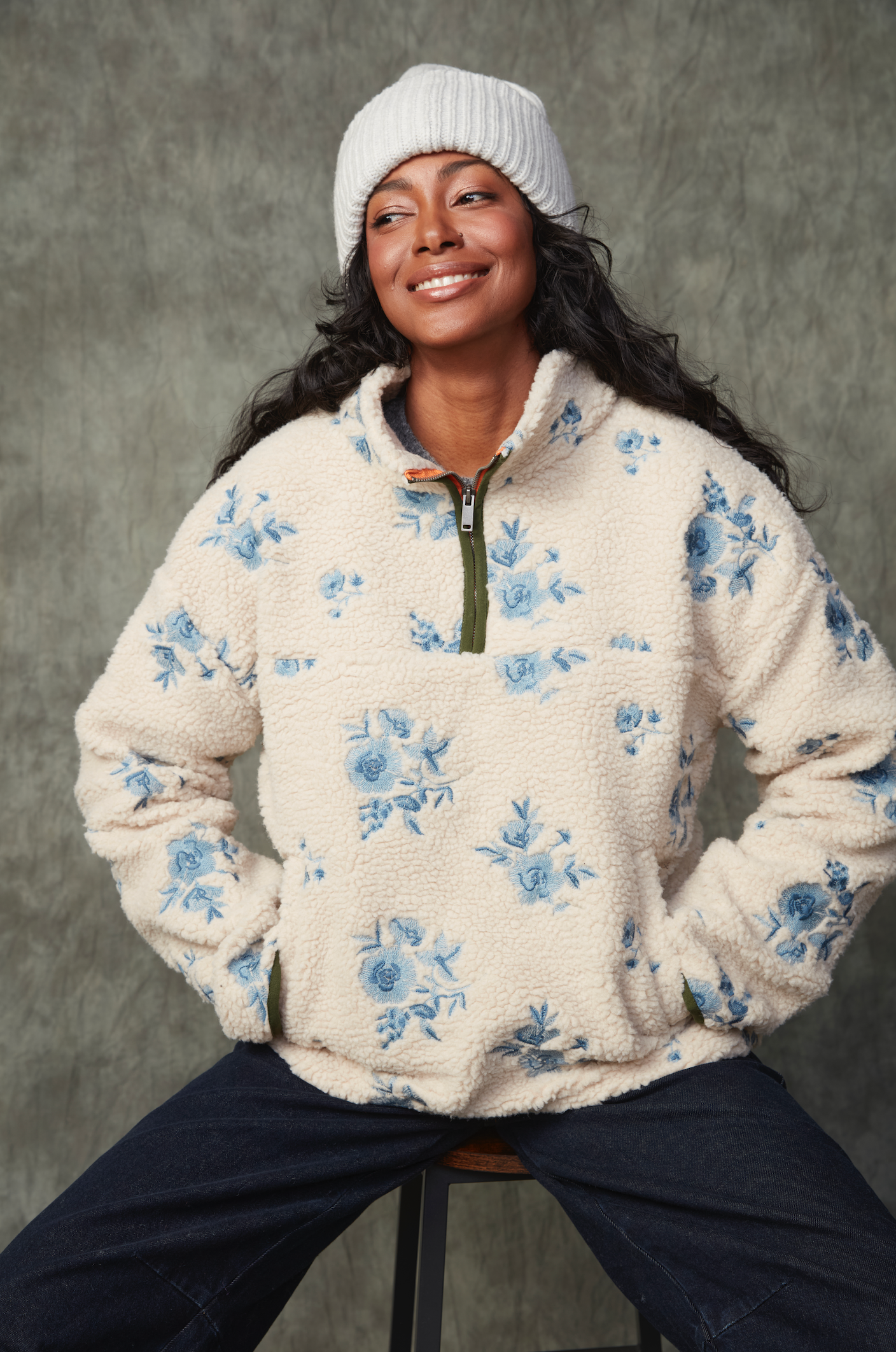 Poppy Sherpa 1/2 Zip in Cream Floral