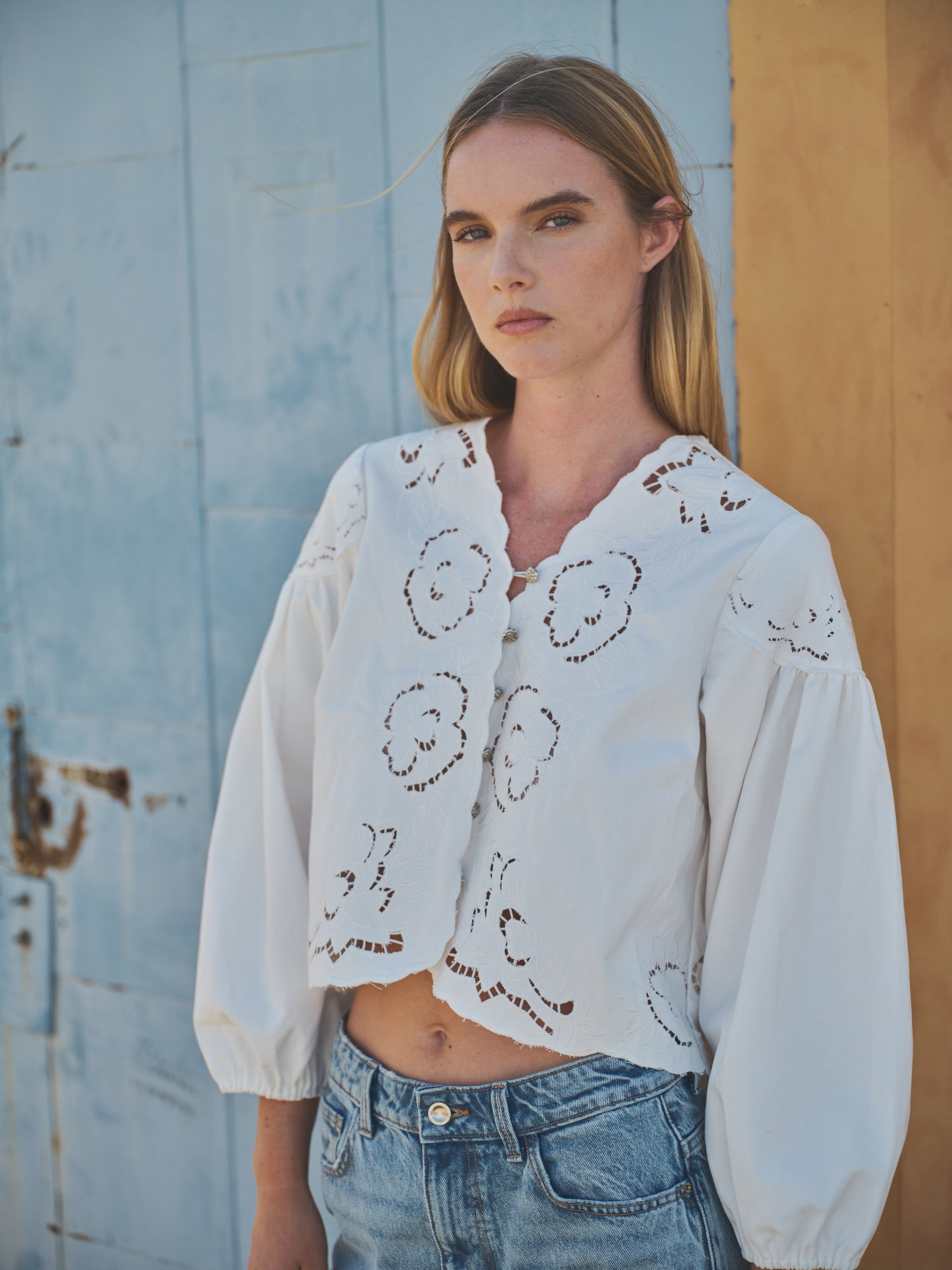 Denim Embroidery Volume Sleeve Top | White