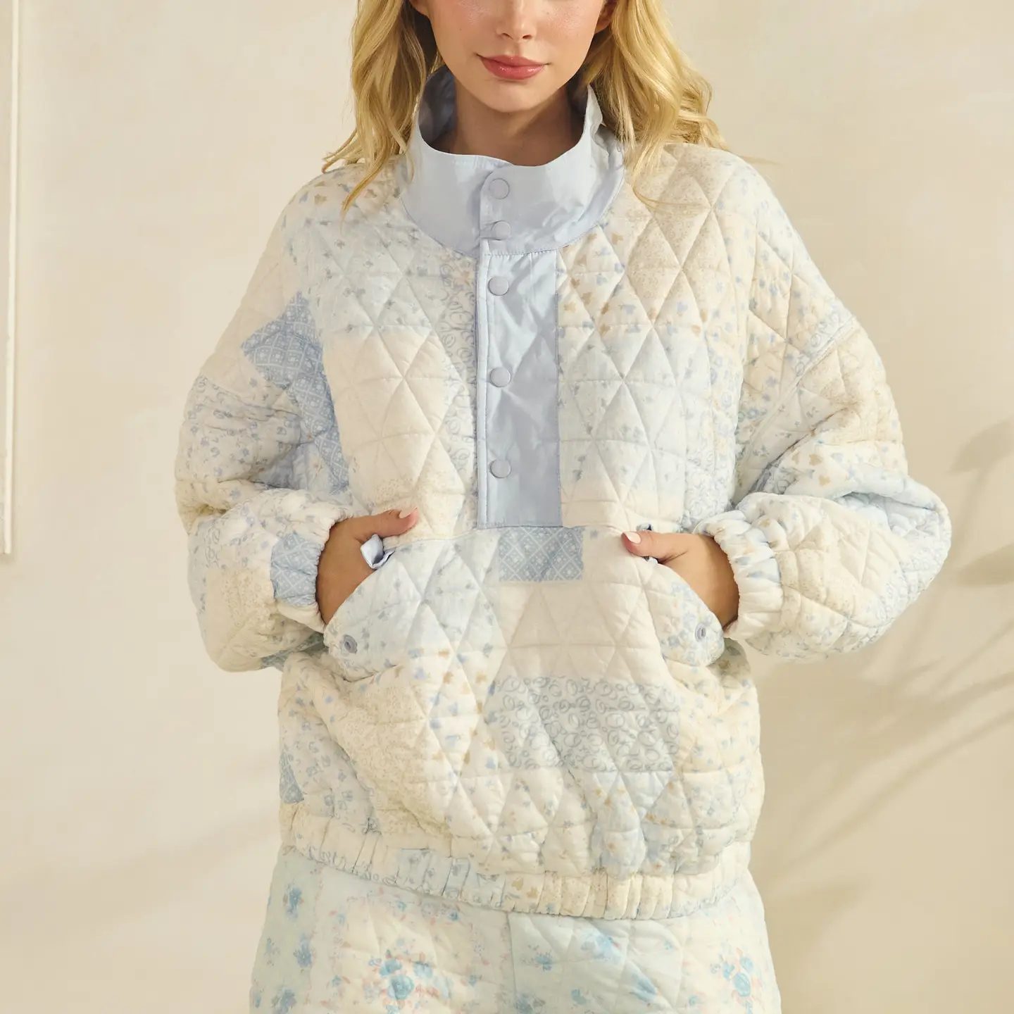 Textured Contrast Printed Quarterzip | Blue Combo