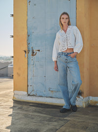 Denim Embroidery Volume Sleeve Top | White